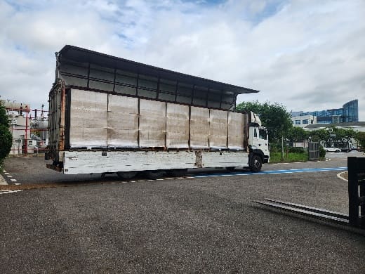 Truck loaded with filters bound for a power plant